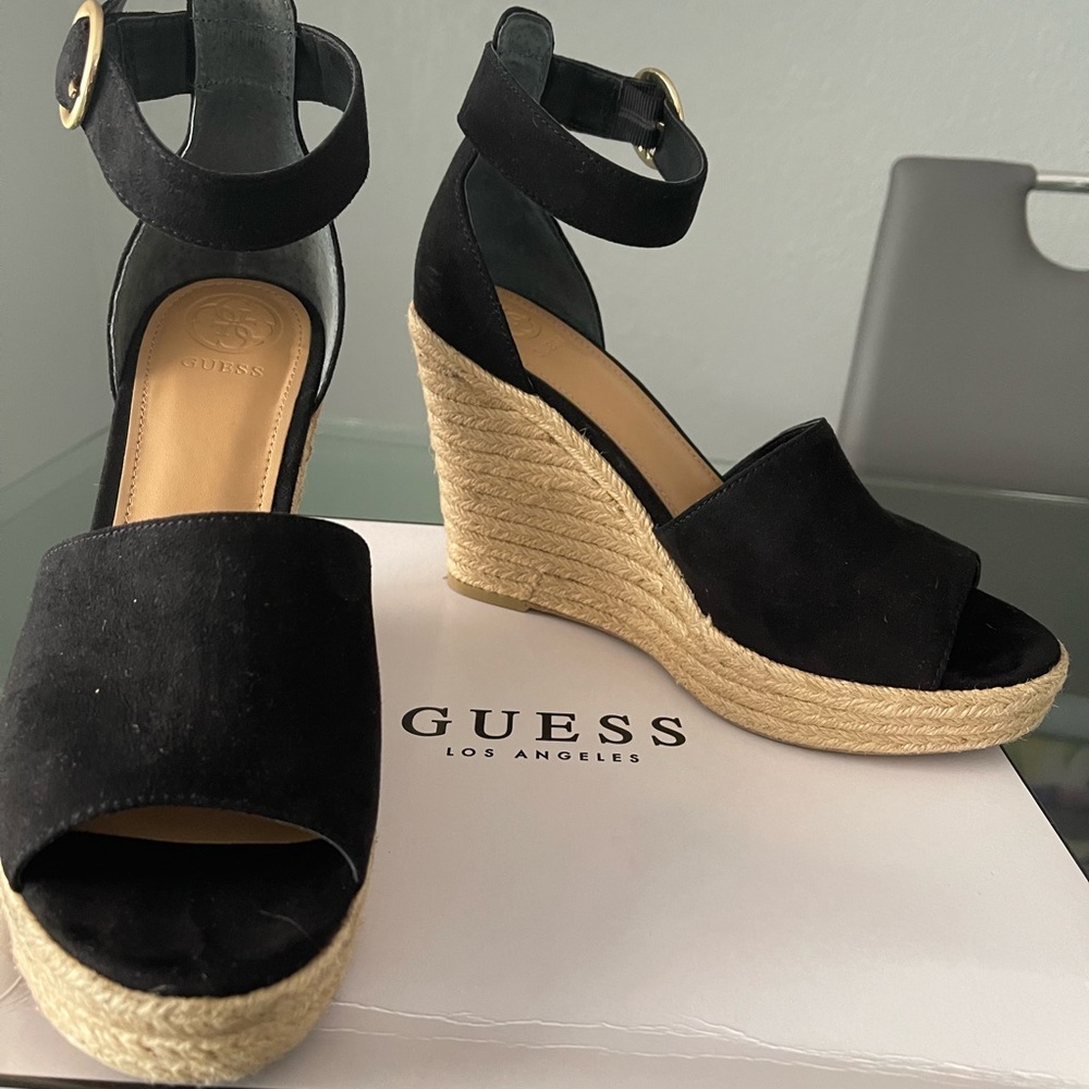 Guess Los Angeles Black Suede Wedge Espadrilles